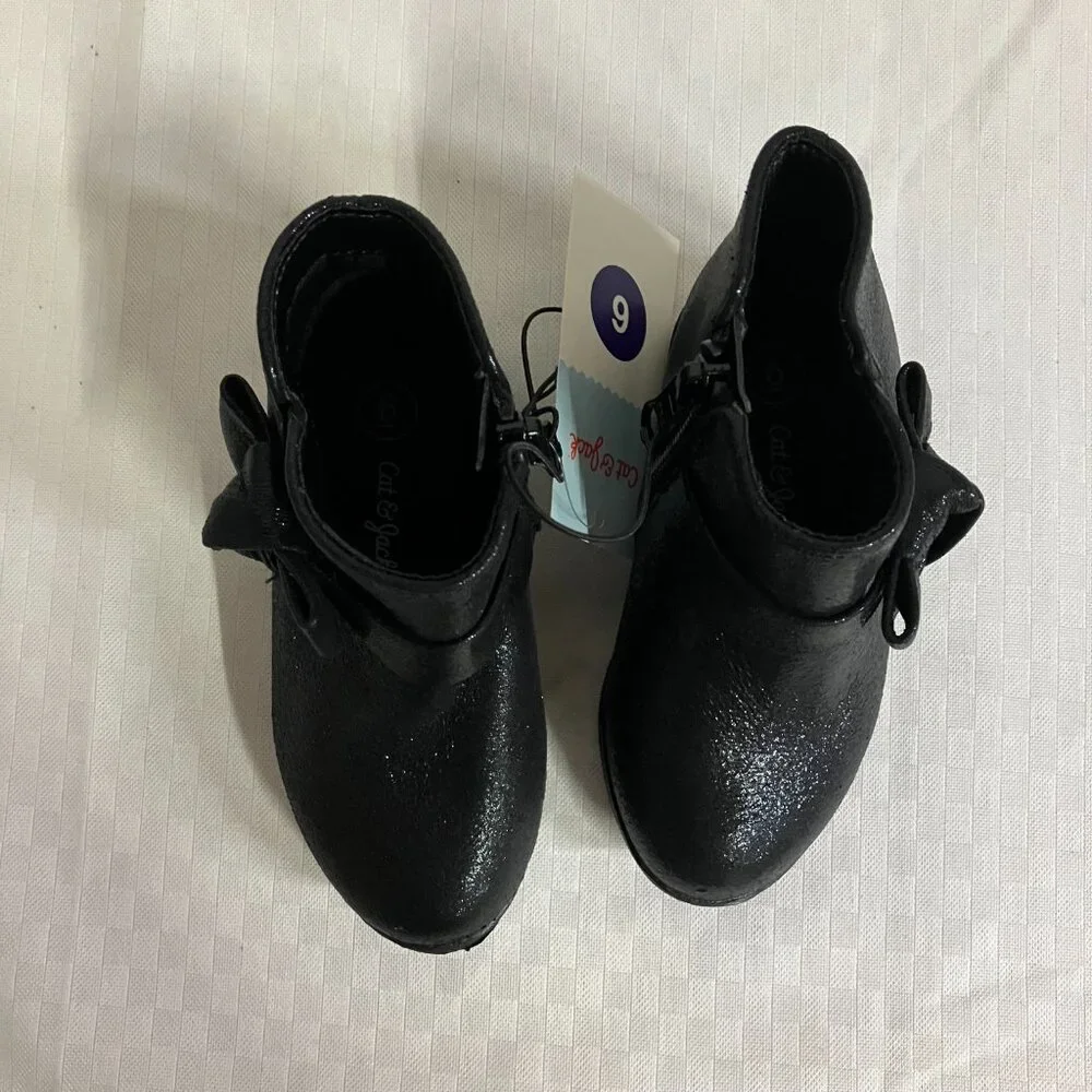 Cat & Jack Toddler Girl 6 Black Leather Bow-Detailed Side Zip Sammi Shimmer Boot